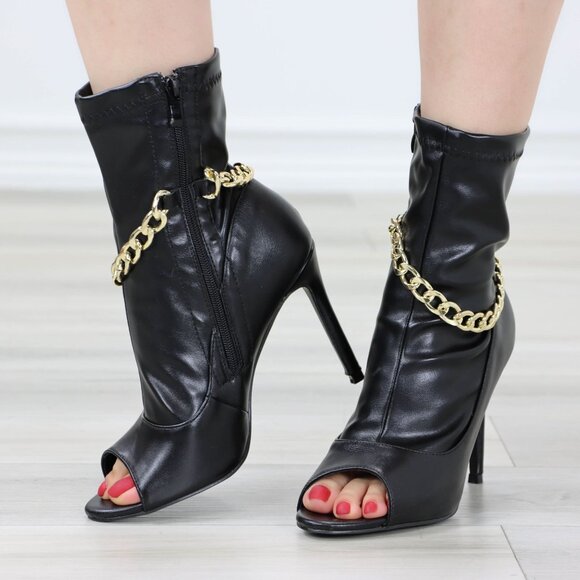 Black Open Toe High Heel Boots Trendy Gold Ankle Chain Heeled Stiletto's - Picture 9 of 13